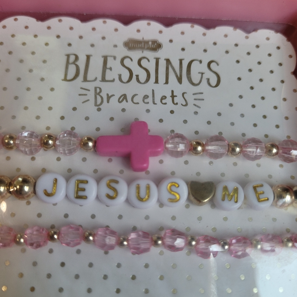 Blessing Bracelets Cross Pink Gold Beaded Jesus Loves Me stretch - Picture 2 of 8